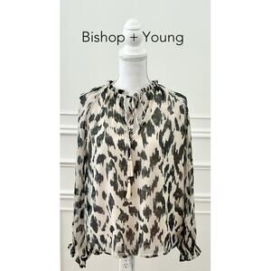 Bishop + Young Print Ruffle Print Tie Neck Blouse Cream Black Size S